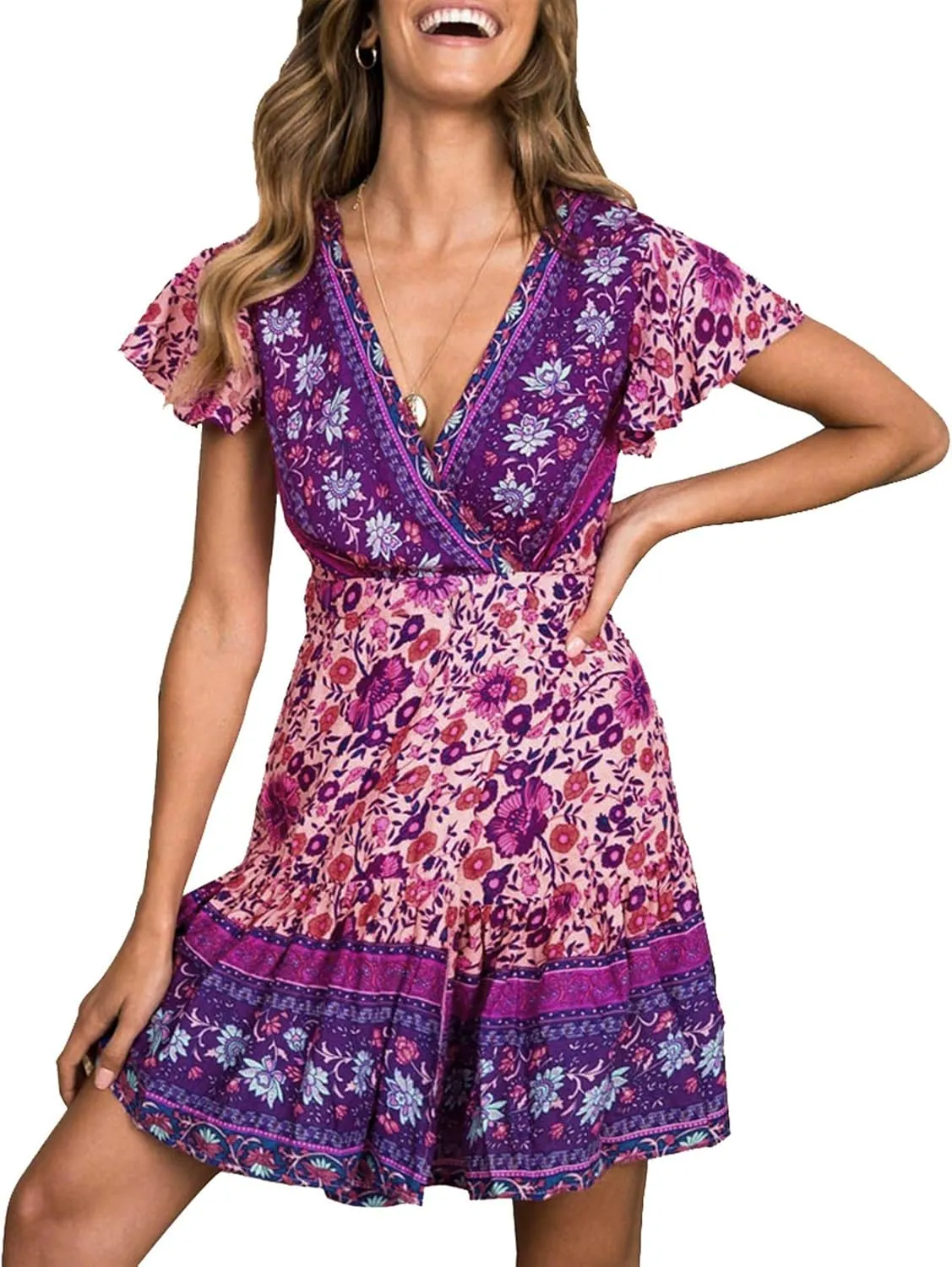 ZESICA Women's Summer Wrap V Neck Bohemian Floral Print Ruffle Swing A Line Beach Mini Dress