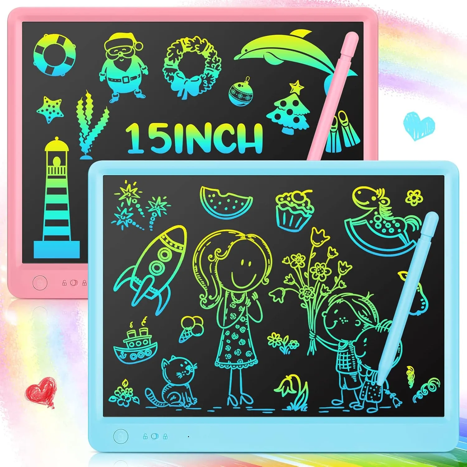 Zhehao 2 Pieces LCD Writing Tablet 15-inch Colorful Screen Drawing Pad Erasable Reusable Electronic Kids Drawing Tablet Kids Gifts for 3  Years Old Girls Boys