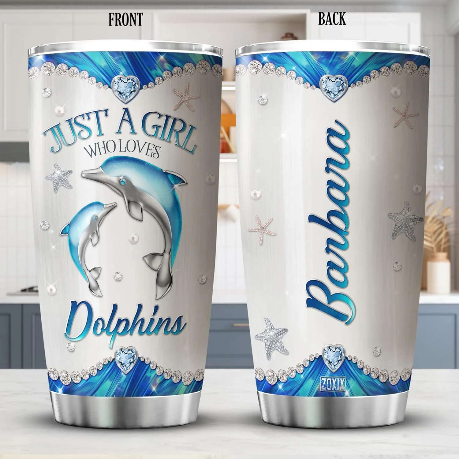 ZOXIX Personalized Dolphin Tumbler 20oz Just A Girl Who Loves Dolphins Stainless Steel Cup Jewelry Style Birthday Dolphin Gift For Her Starfish Beach Ocean Animal Coffee Mug Cute