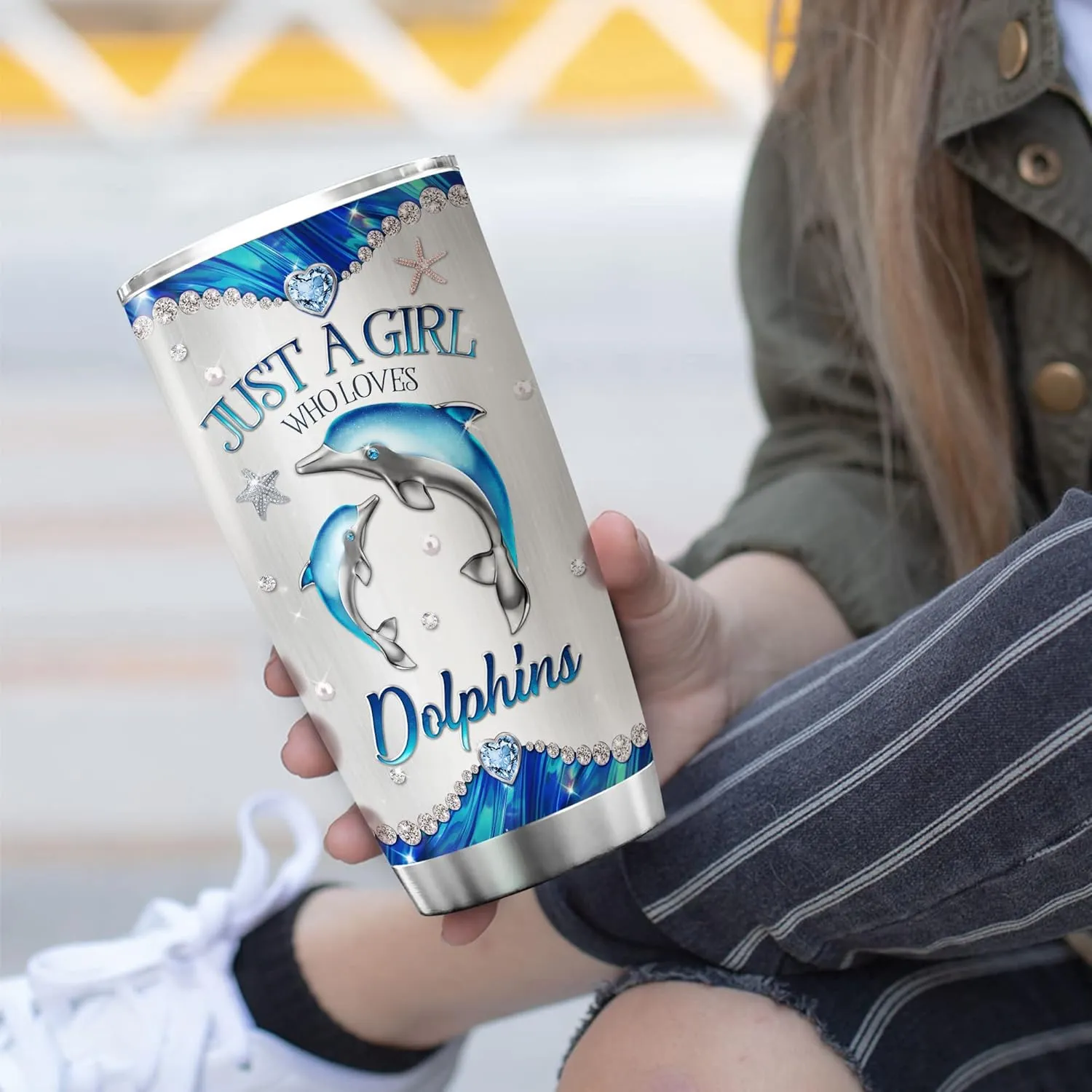ZOXIX Personalized Dolphin Tumbler 20oz Just A Girl Who Loves Dolphins Stainless Steel Cup Jewelry Style Birthday Dolphin Gift For Her Starfish Beach Ocean Animal Coffee Mug Cute