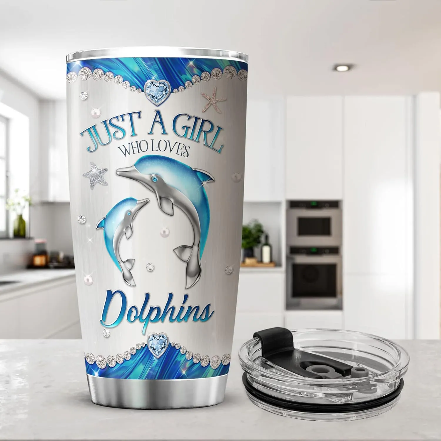 ZOXIX Personalized Dolphin Tumbler 20oz Just A Girl Who Loves Dolphins Stainless Steel Cup Jewelry Style Birthday Dolphin Gift For Her Starfish Beach Ocean Animal Coffee Mug Cute