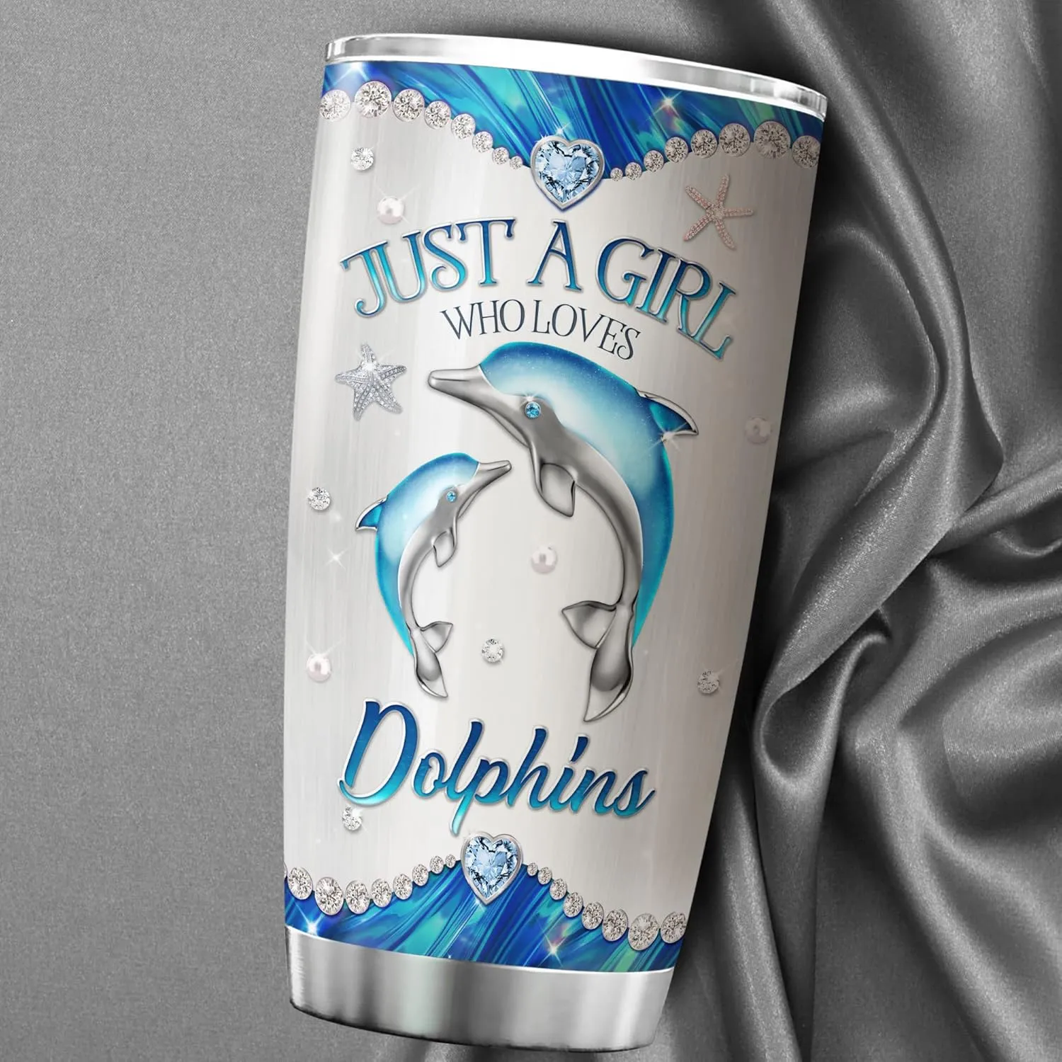 ZOXIX Personalized Dolphin Tumbler 20oz Just A Girl Who Loves Dolphins Stainless Steel Cup Jewelry Style Birthday Dolphin Gift For Her Starfish Beach Ocean Animal Coffee Mug Cute