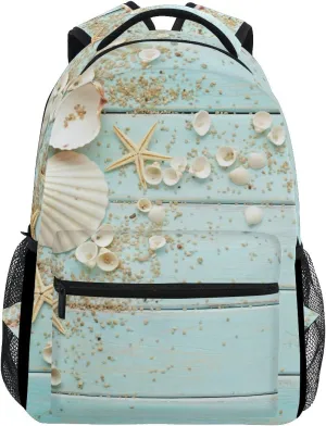ZZKKO Beach Ocean Theme Starfish Seashell Wooden Style Boys Girls School Computer Backpacks Book Bag Travel Hiking Camping Daypack